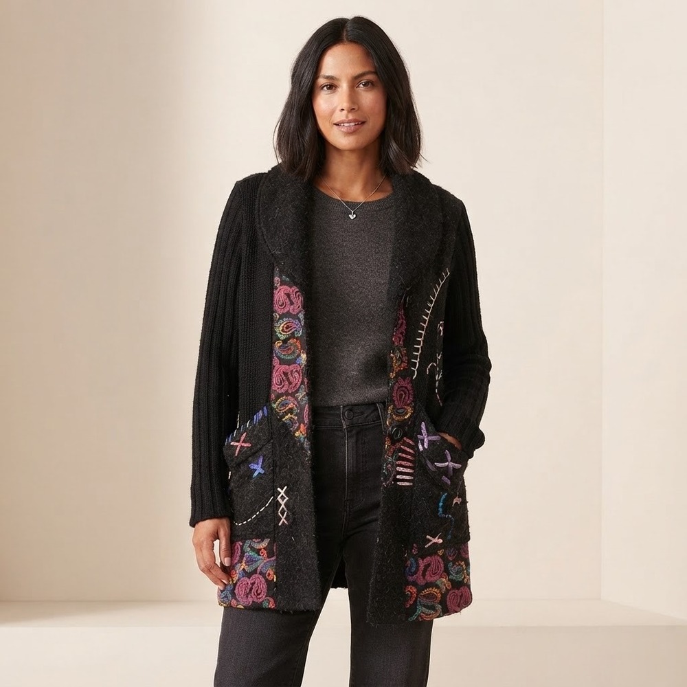 Liquid by Sioni Cardigan XL Black Wool Mohair Blend Paisley Art to Wear Sweater